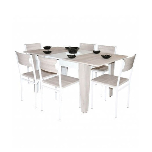 PACK SALLE À MANGER TABLE EXTENSIBLE CHÊNE BRUT BLANC TOP EN PVC AVEC 6 CHAISES SERENA